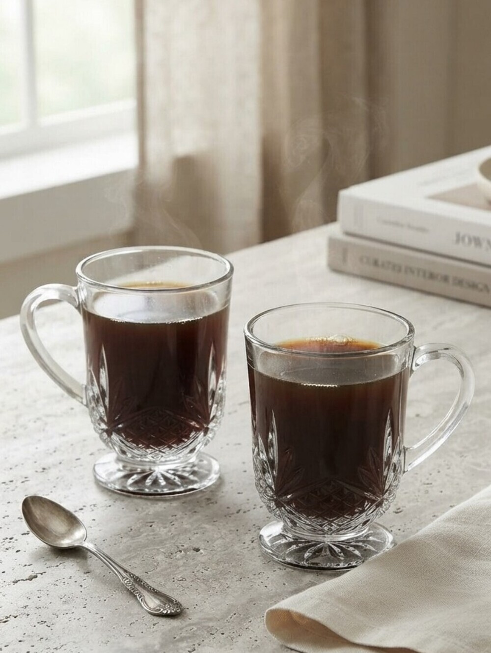 Footed Cut Glass Coffee Mugs Set of Two Crystal Style Irish Coffee Cups